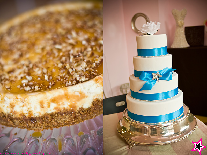 A delicious cheesecake and a sample wedding cake