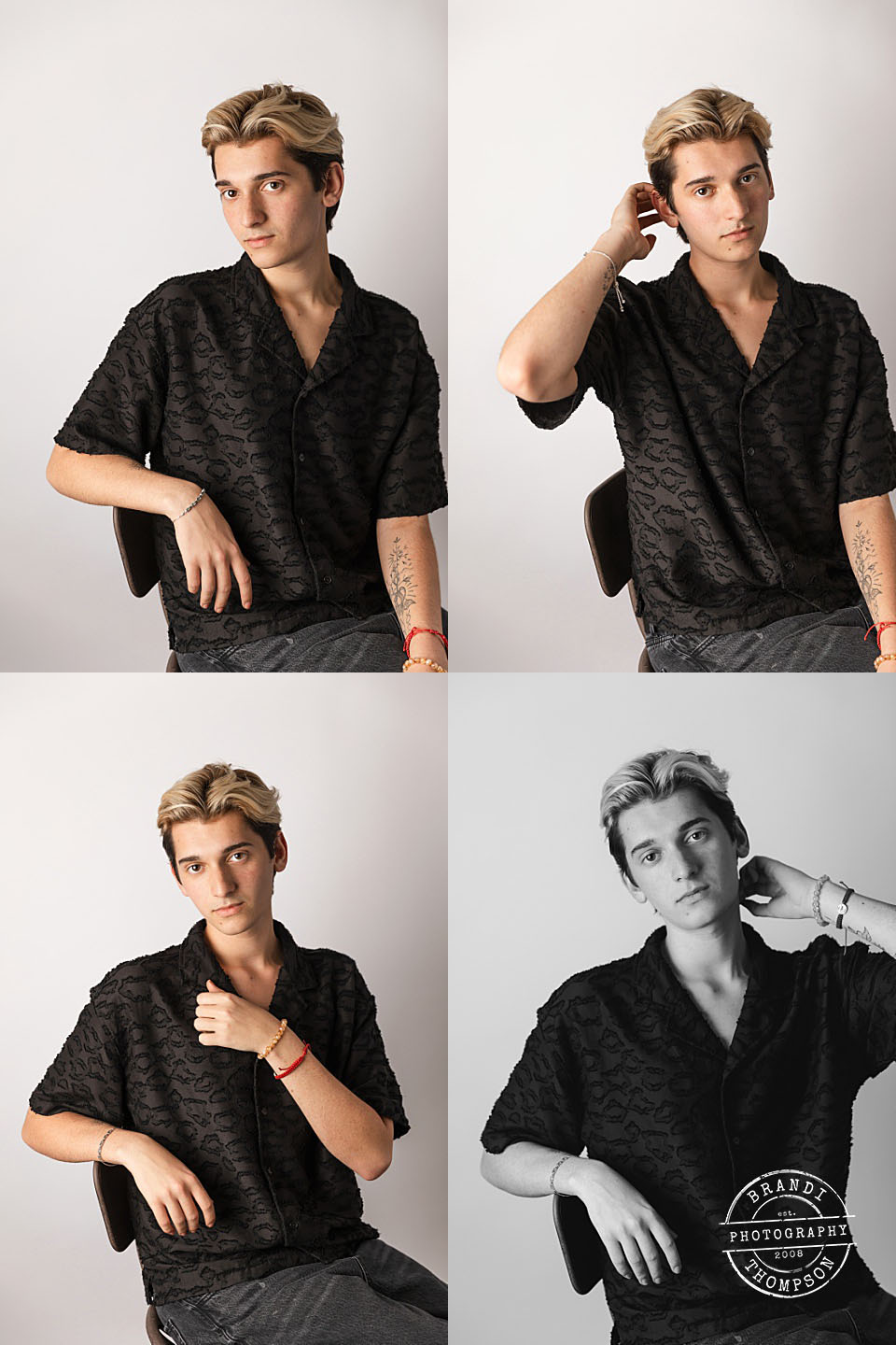 collage of four headshots of a light skinned young man dressed in all black - modern studio headshots