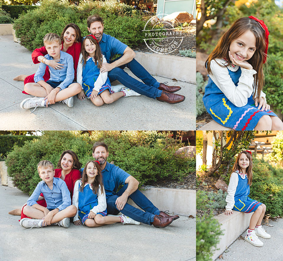collage of family photos in an outdoor setting, with family of four with school age boy and girl - fall family session