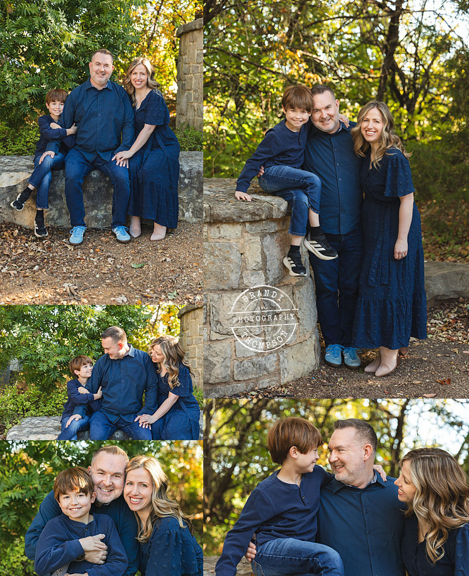 collage of outdoor fall family session photo with a light skinned family with ten year old boy, dad and mom in shades of blue in plano, tx