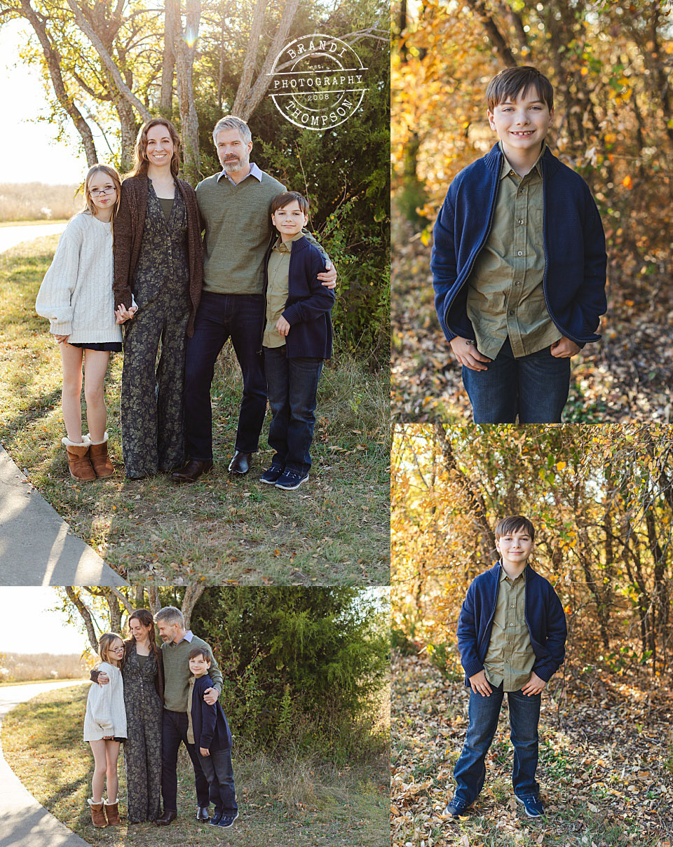 collage of outdoor family photos with mom, dad, and young teen daughter and son - family photos in Plano