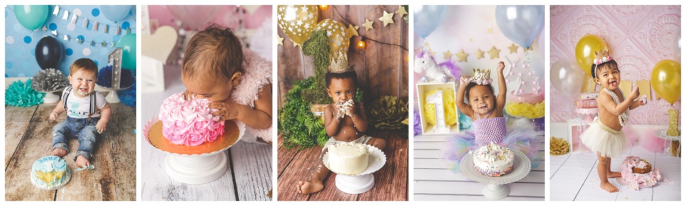 five one year old babies having cake smash sessions on various, colorful backdrops
