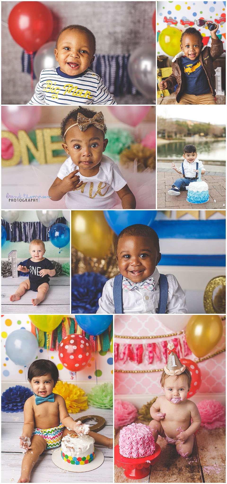 collage of one year old cake smash images in a variety of colors, taken in plano, tx studio