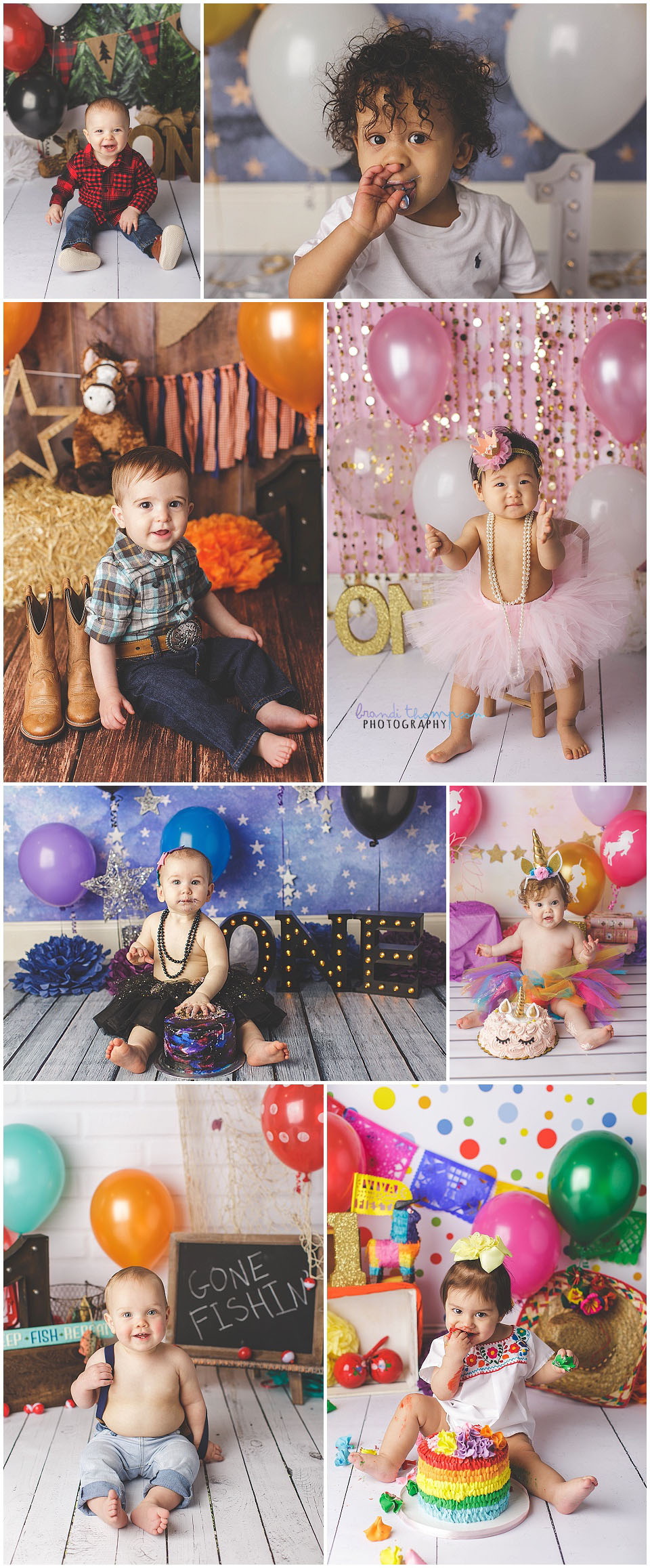 collage of one year old cake smash images in a variety of colors, taken in plano, tx studio