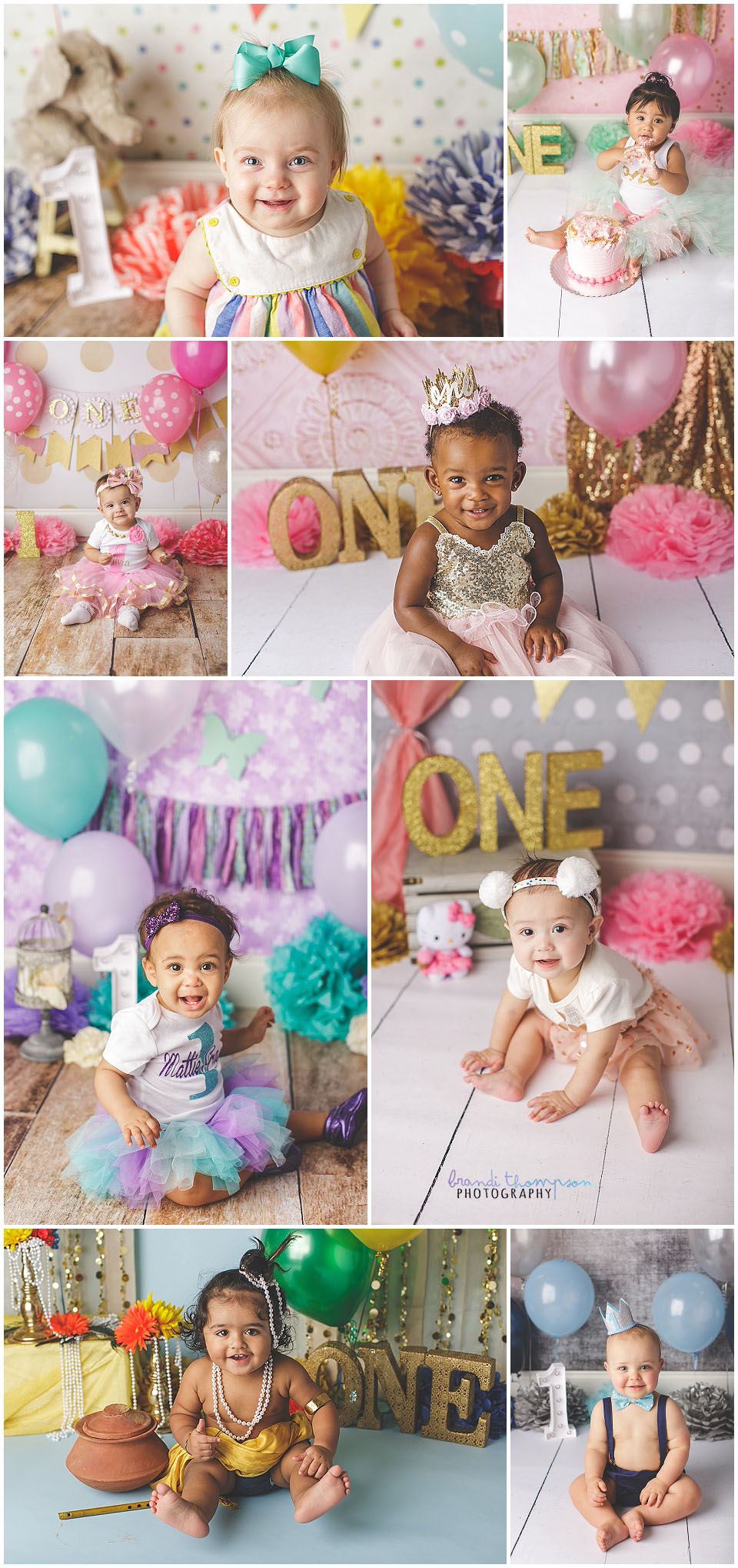 collage of one year old cake smash images in a variety of colors, taken in plano, tx studio