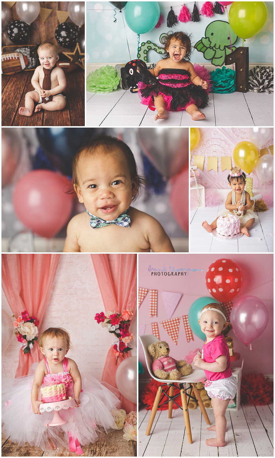 collage of one year old cake smash images in a variety of colors, taken in plano, tx studio
