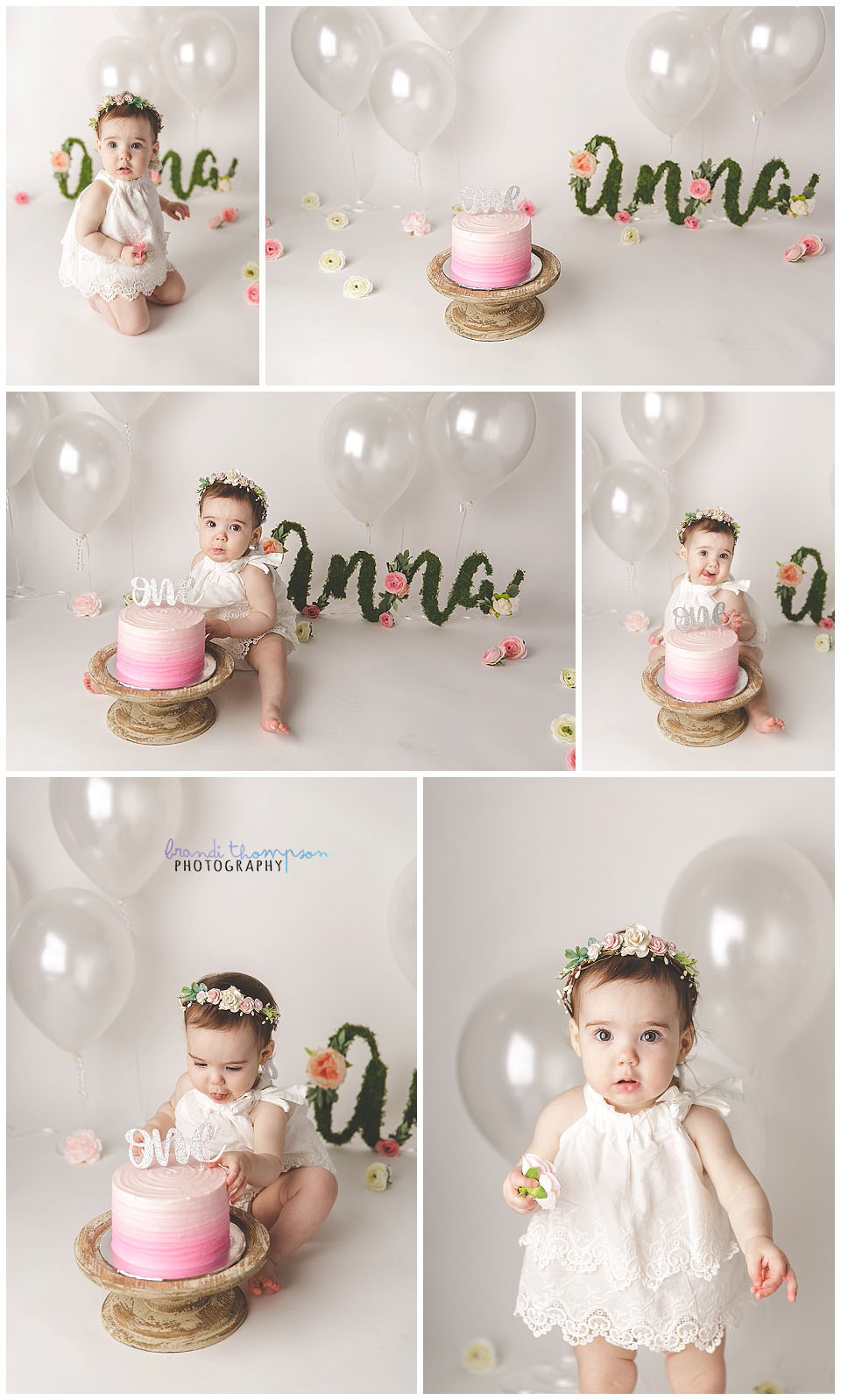 bright white boho inspired baby girl cake smash with flowers in plano, tx studio