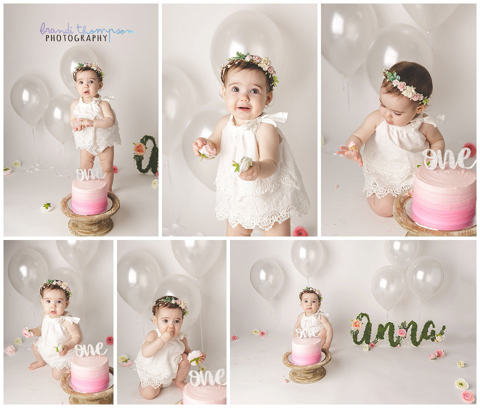 bright white boho inspired baby girl cake smash with flowers in plano, tx studio