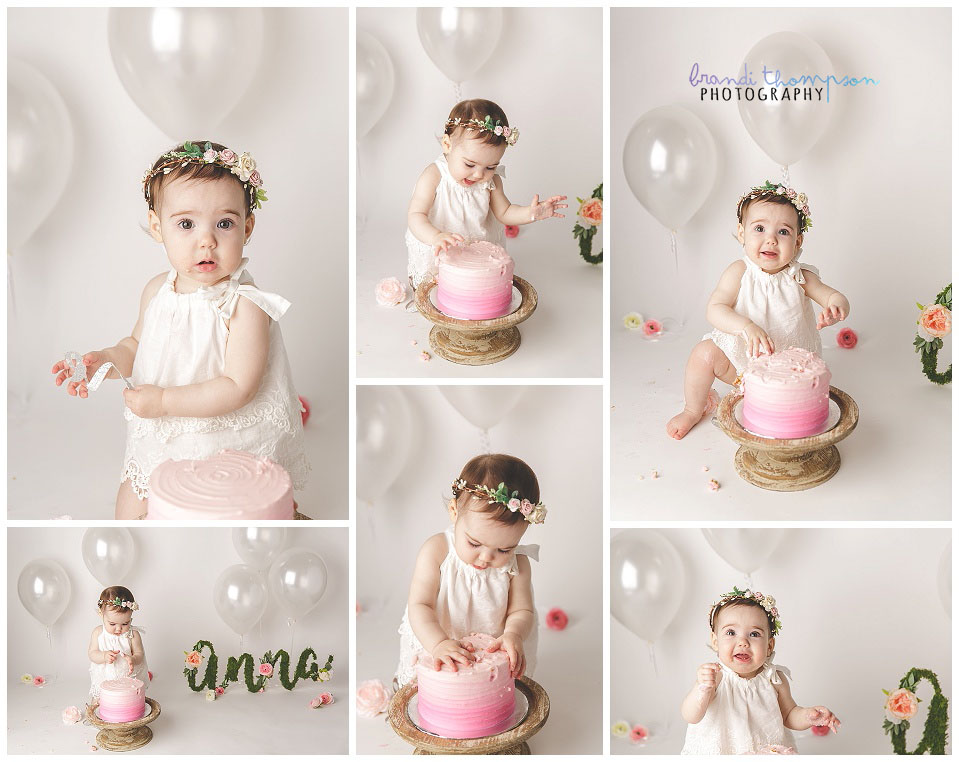 bright white boho inspired baby girl cake smash with flowers in plano, tx studio