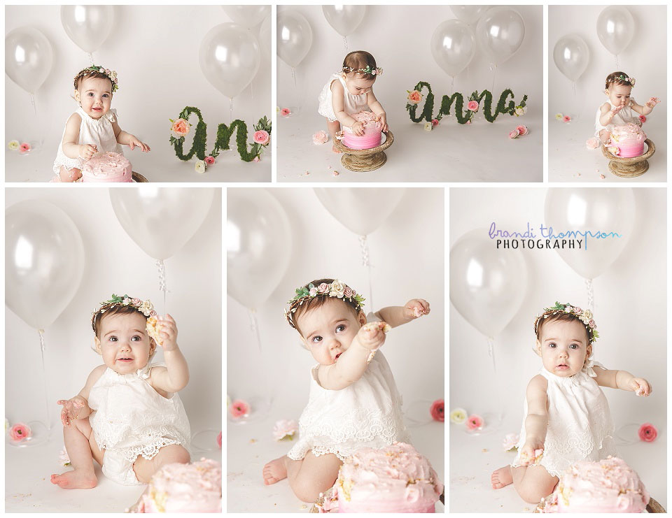 bright white boho inspired baby girl cake smash with flowers in plano, tx studio