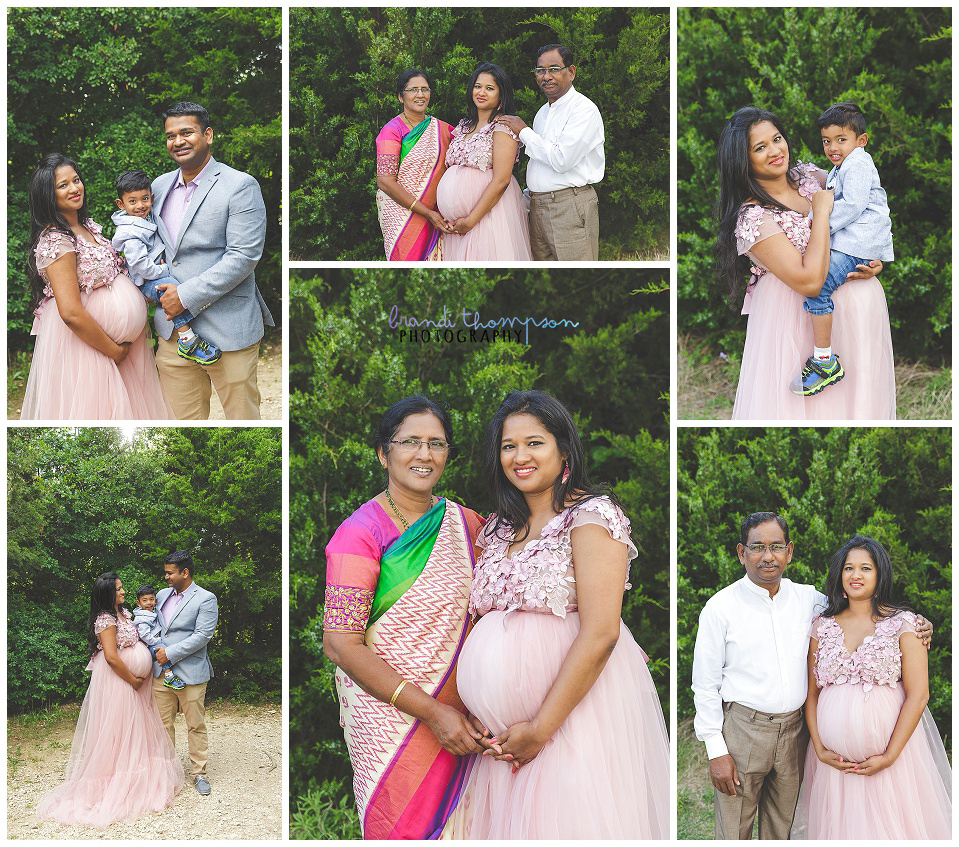 outdoor family maternity session with pink maternity dress at arbor hills nature preserve in plano, tx