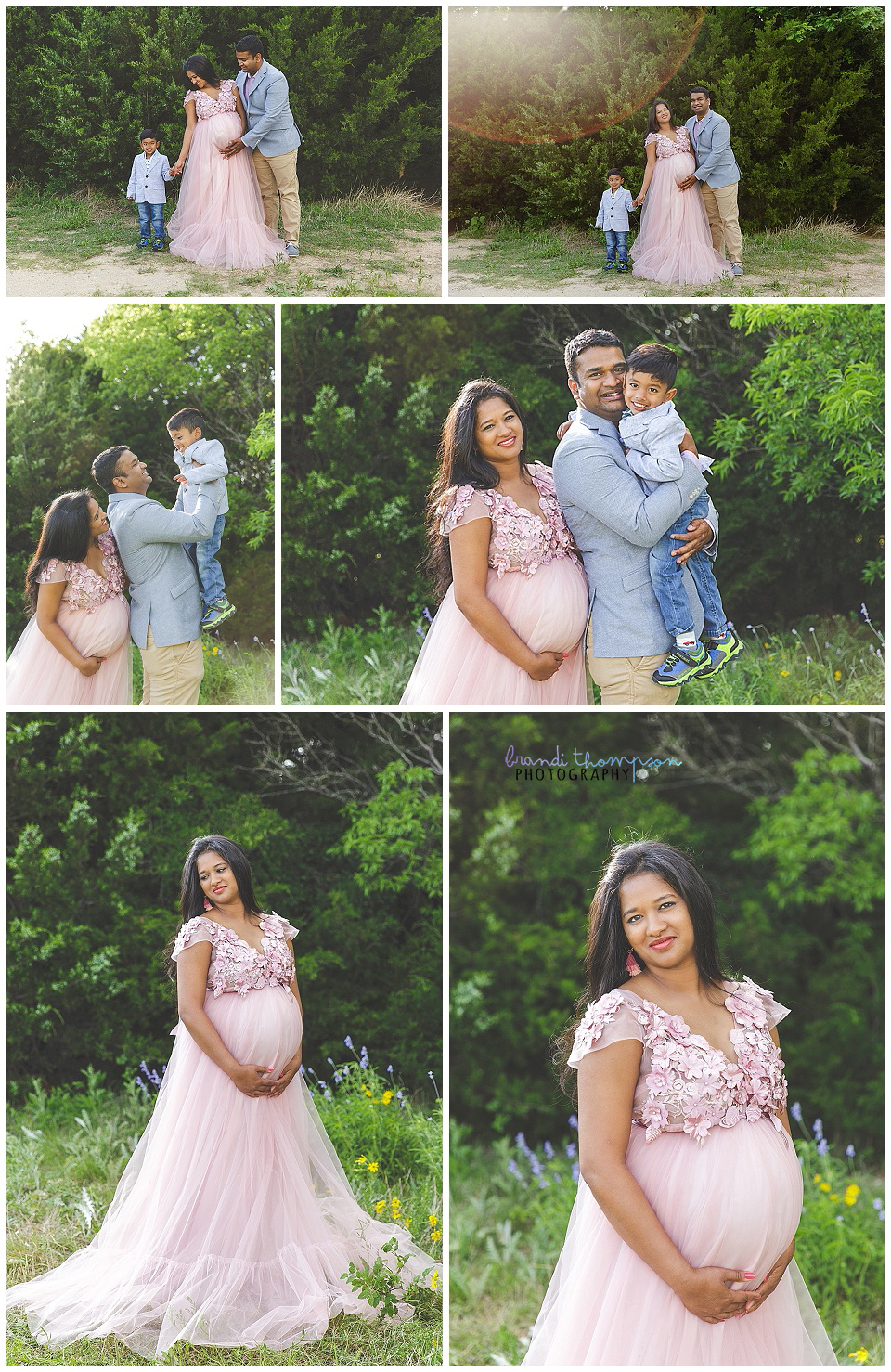 outdoor family maternity session with pink maternity dress at arbor hills nature preserve in plano, tx