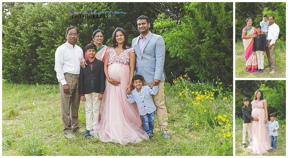 outdoor family maternity session with pink maternity dress at arbor hills nature preserve in plano, tx