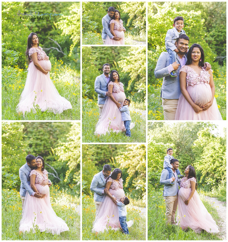 outdoor family maternity session with pink maternity dress at arbor hills nature preserve in plano, tx