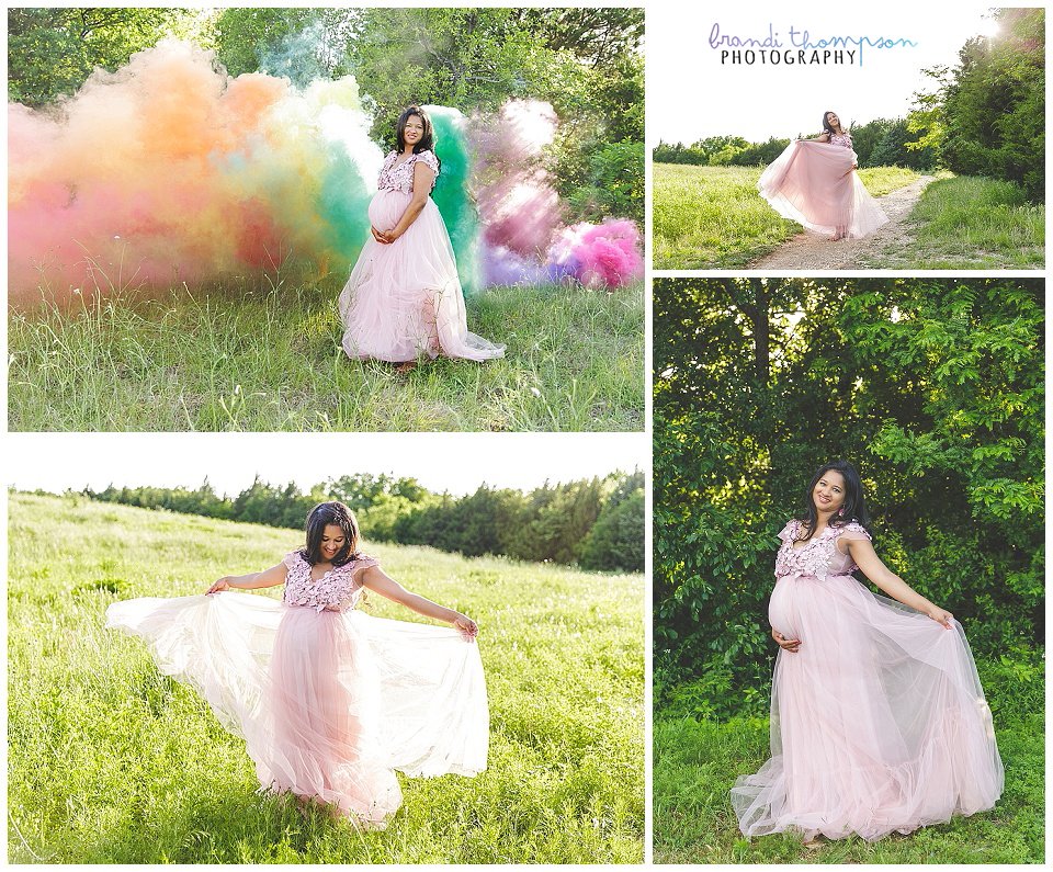 outdoor family maternity session with pink maternity dress at arbor hills nature preserve in plano, tx