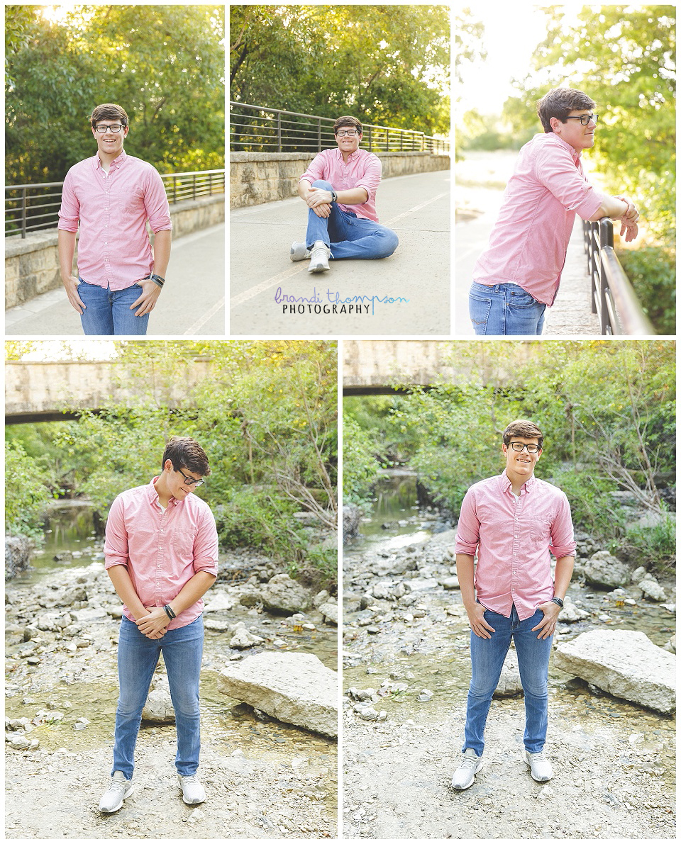 outdoor senior session with senior boy in pink shirt at arbor hills nature preserve in plano,tx