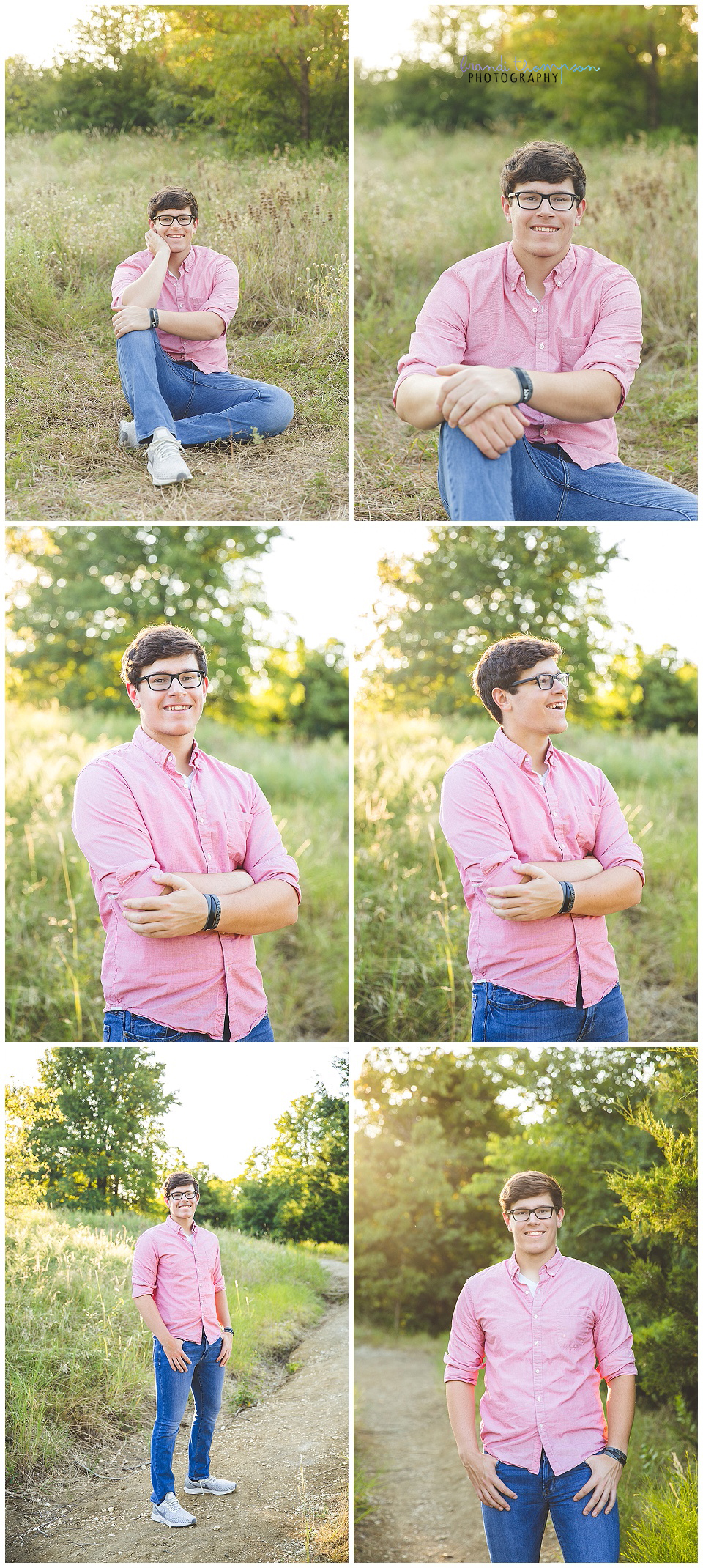 outdoor senior session with senior boy in pink shirt at arbor hills nature preserve in plano,tx