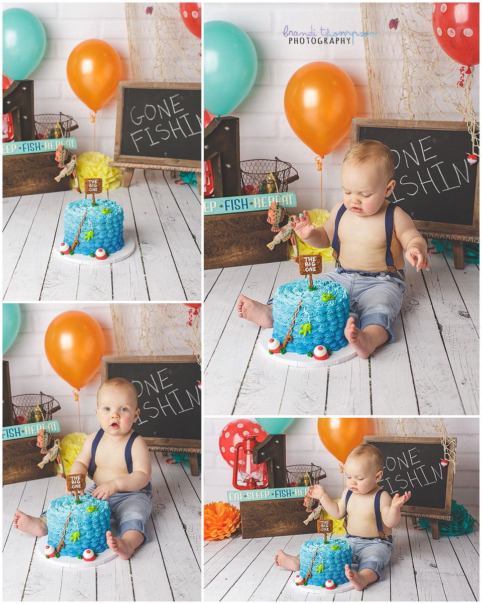 fishing themed first birthday cake smash session with a baby boy in a plano, tx photography studio