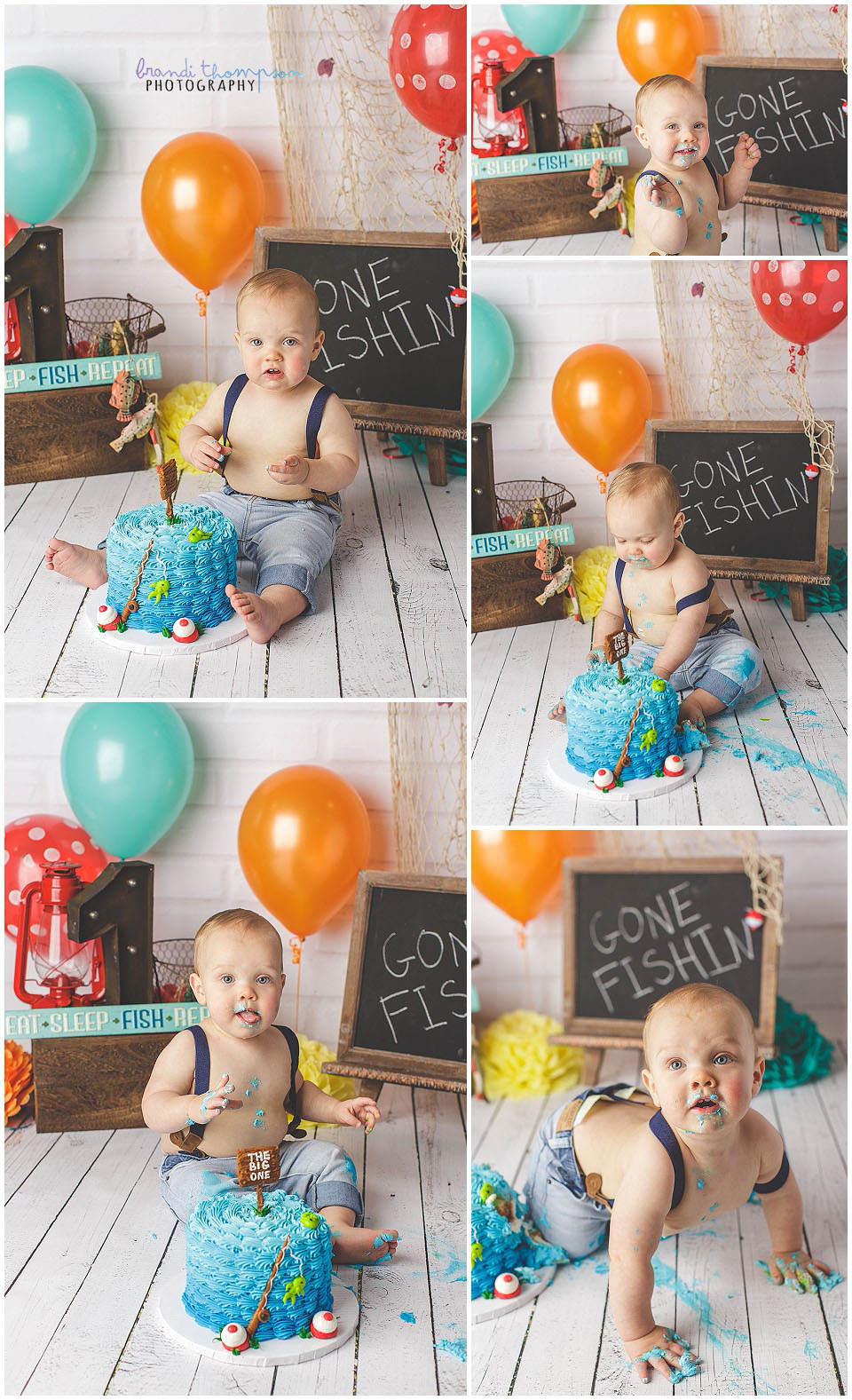 fishing themed first birthday cake smash session with a baby boy in a plano, tx photography studio