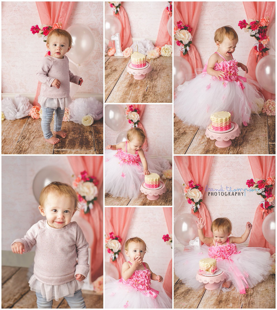 pink floral cake smash for baby girl first birthday in plano studio