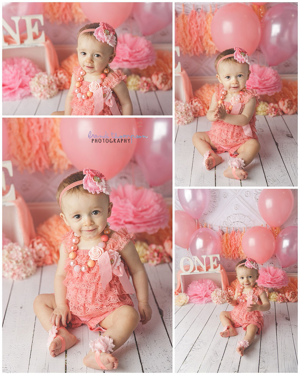 peach and pink studio cake smash in plano, tx, with one year old girl