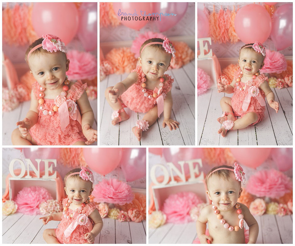 peach and pink studio cake smash in plano, tx, with one year old girl