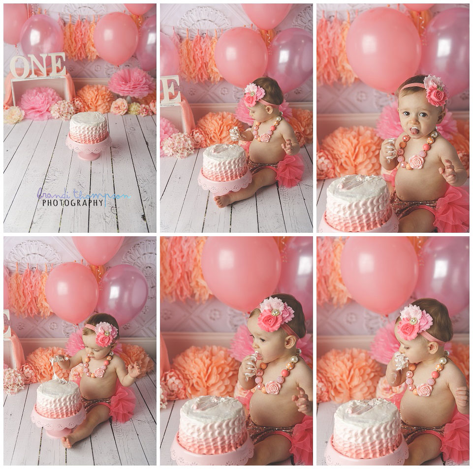 peach and pink studio cake smash in plano, tx, with one year old girl