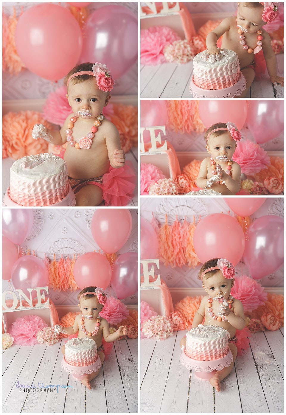 peach and pink studio cake smash in plano, tx, with one year old girl