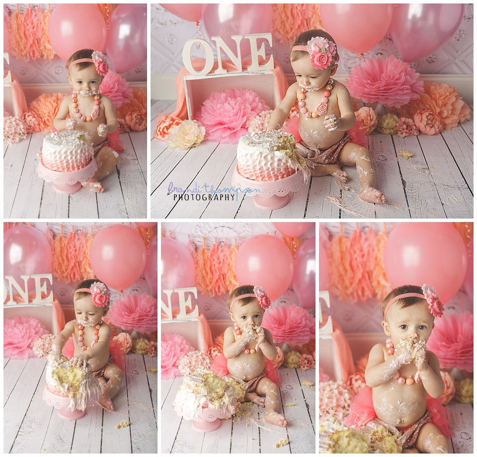 peach and pink studio cake smash in plano, tx, with one year old girl