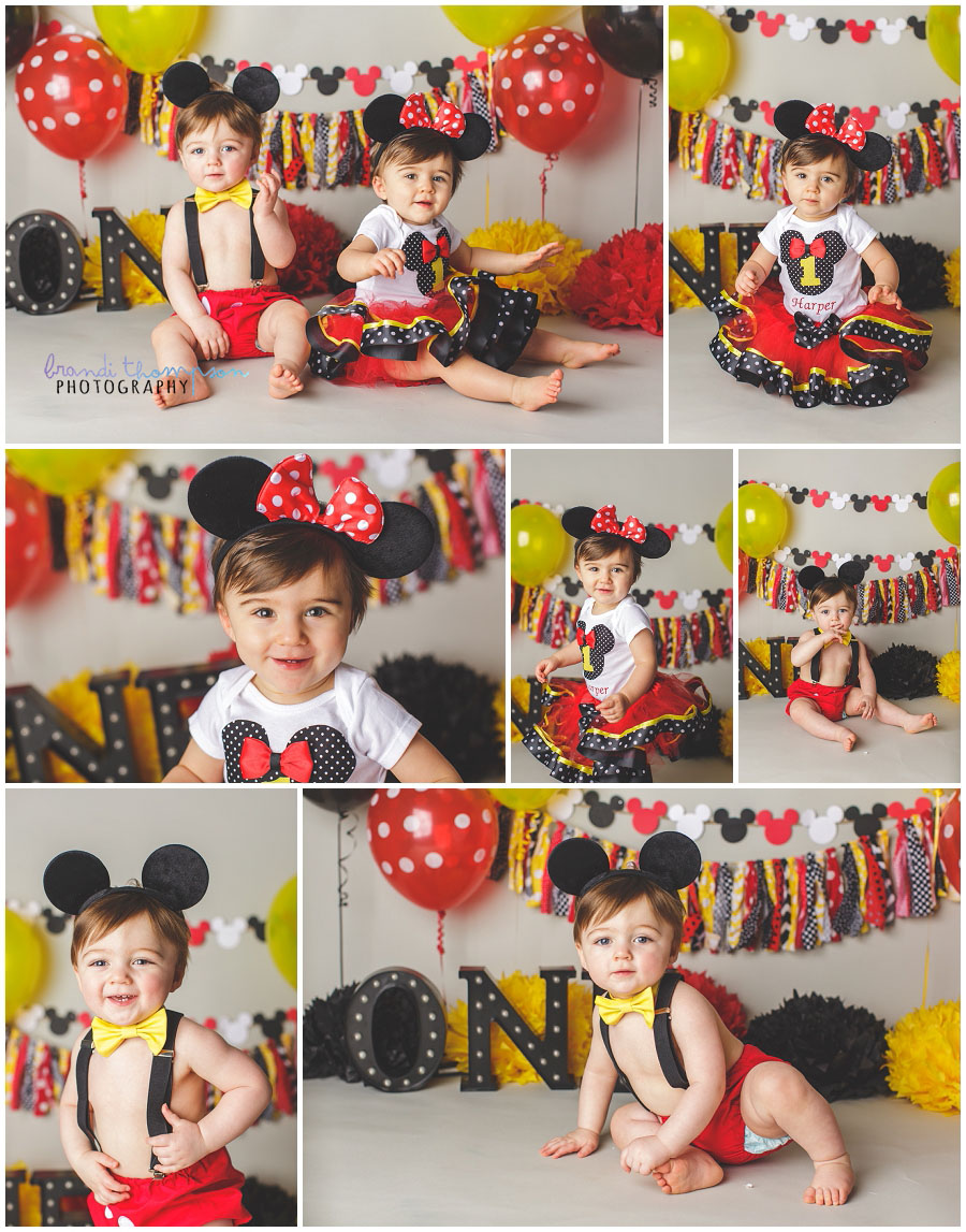 plano 1st birthday cake smash photographer, mickey and minnie twin cake smash