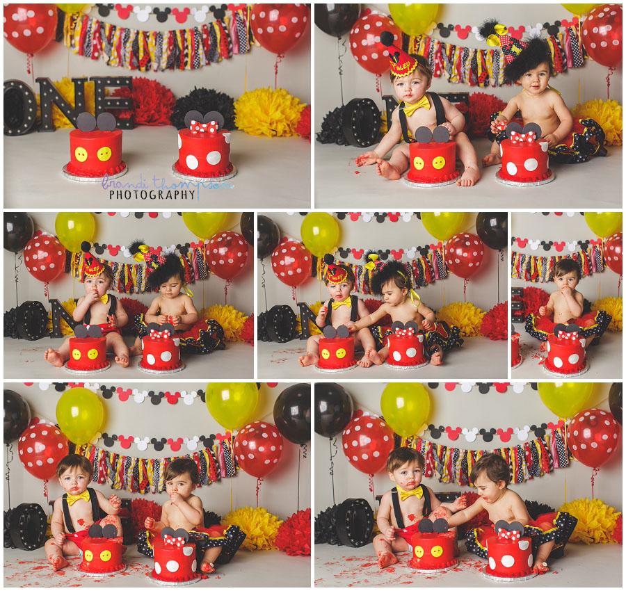 plano 1st birthday cake smash photographer, mickey and minnie twin cake smash