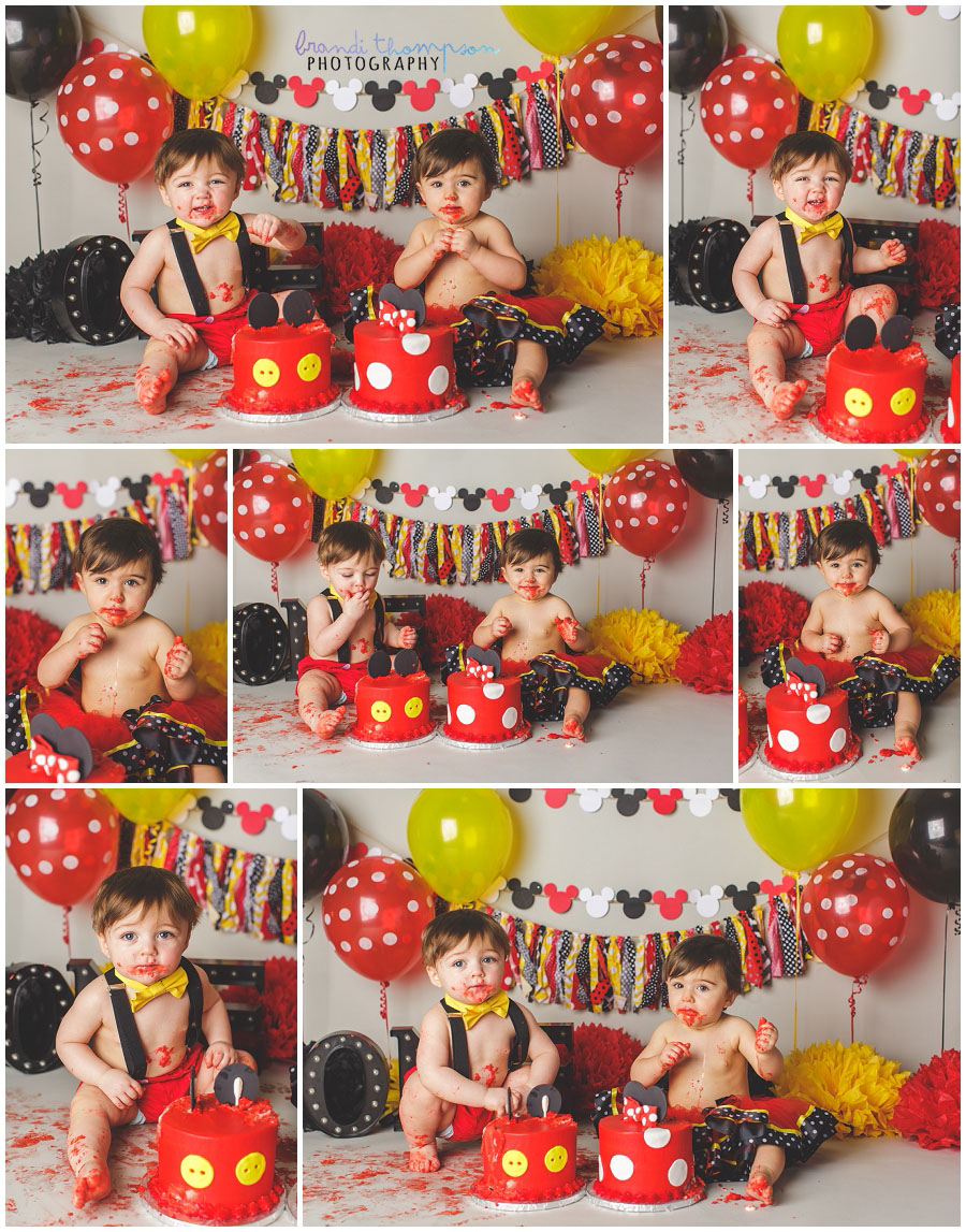 plano 1st birthday cake smash photographer, mickey and minnie twin cake smash