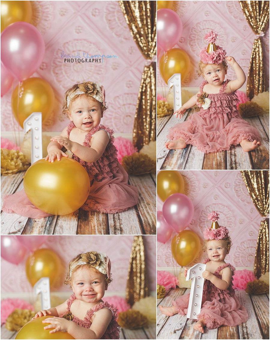 pink and gold cake smash in plano photography studio