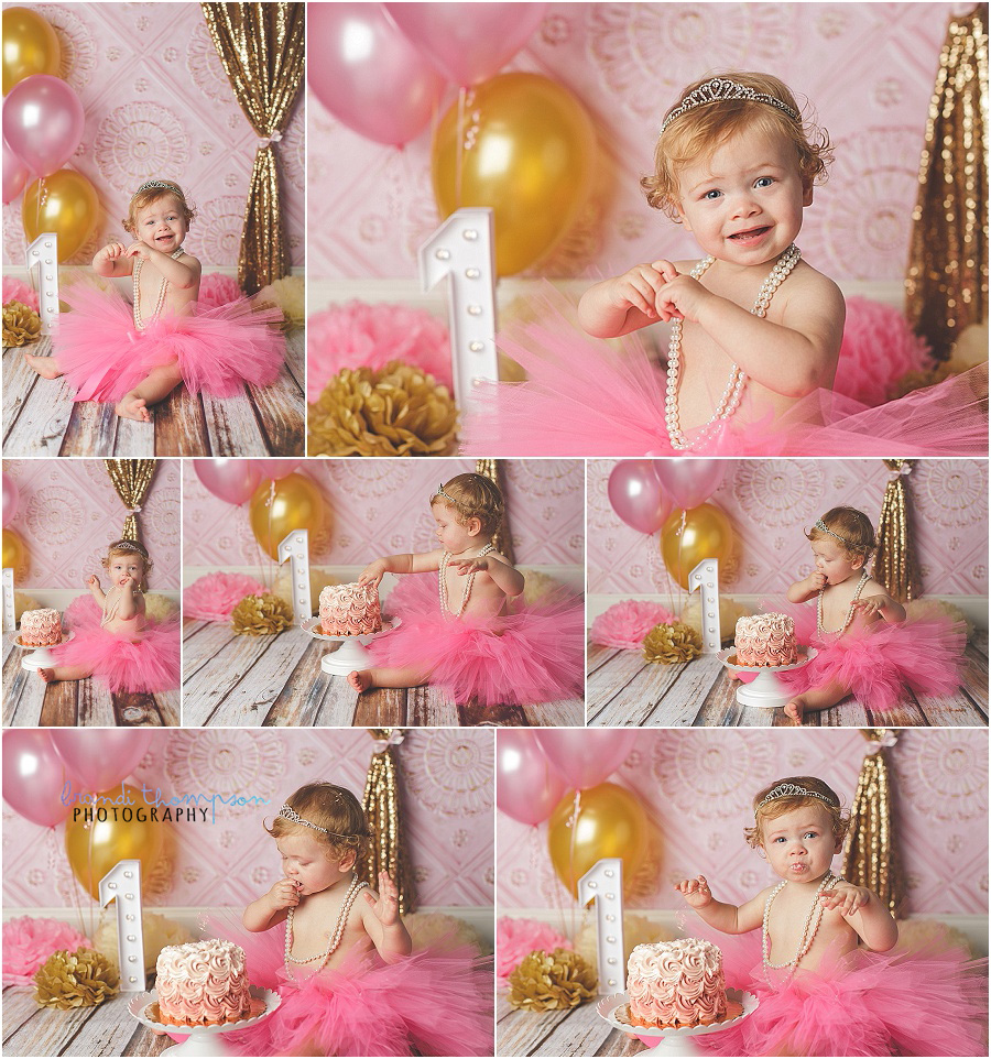 pink and gold cake smash in plano photography studio
