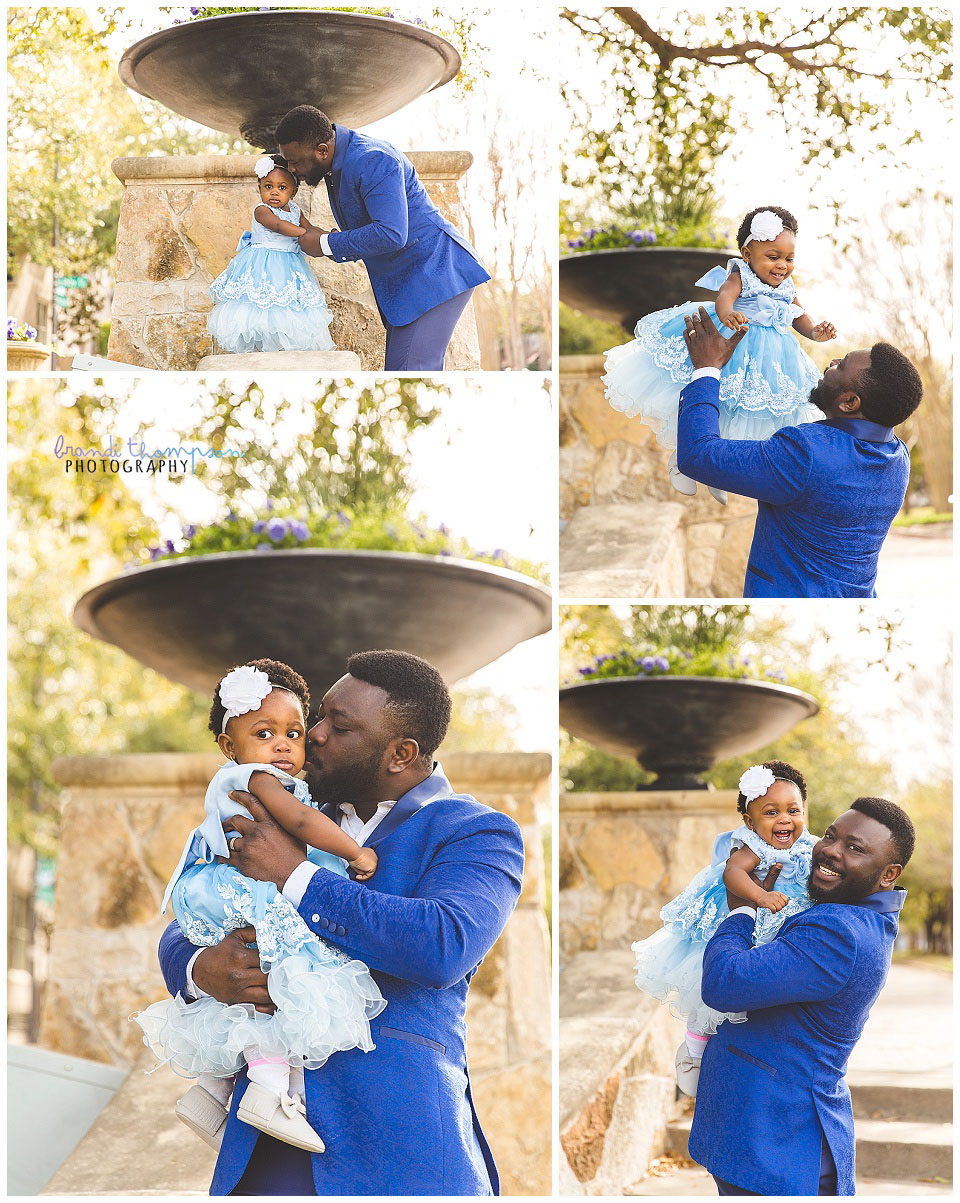 outdoor princess inspired session at shops at legacy with daddy and baby girl dressed in blue