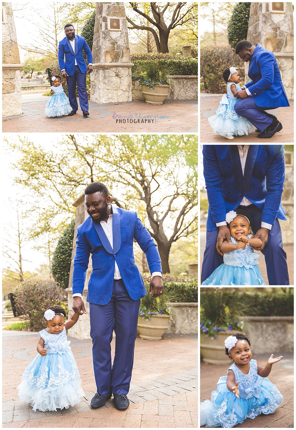 outdoor princess inspired session at shops at legacy with daddy and baby girl dressed in blue