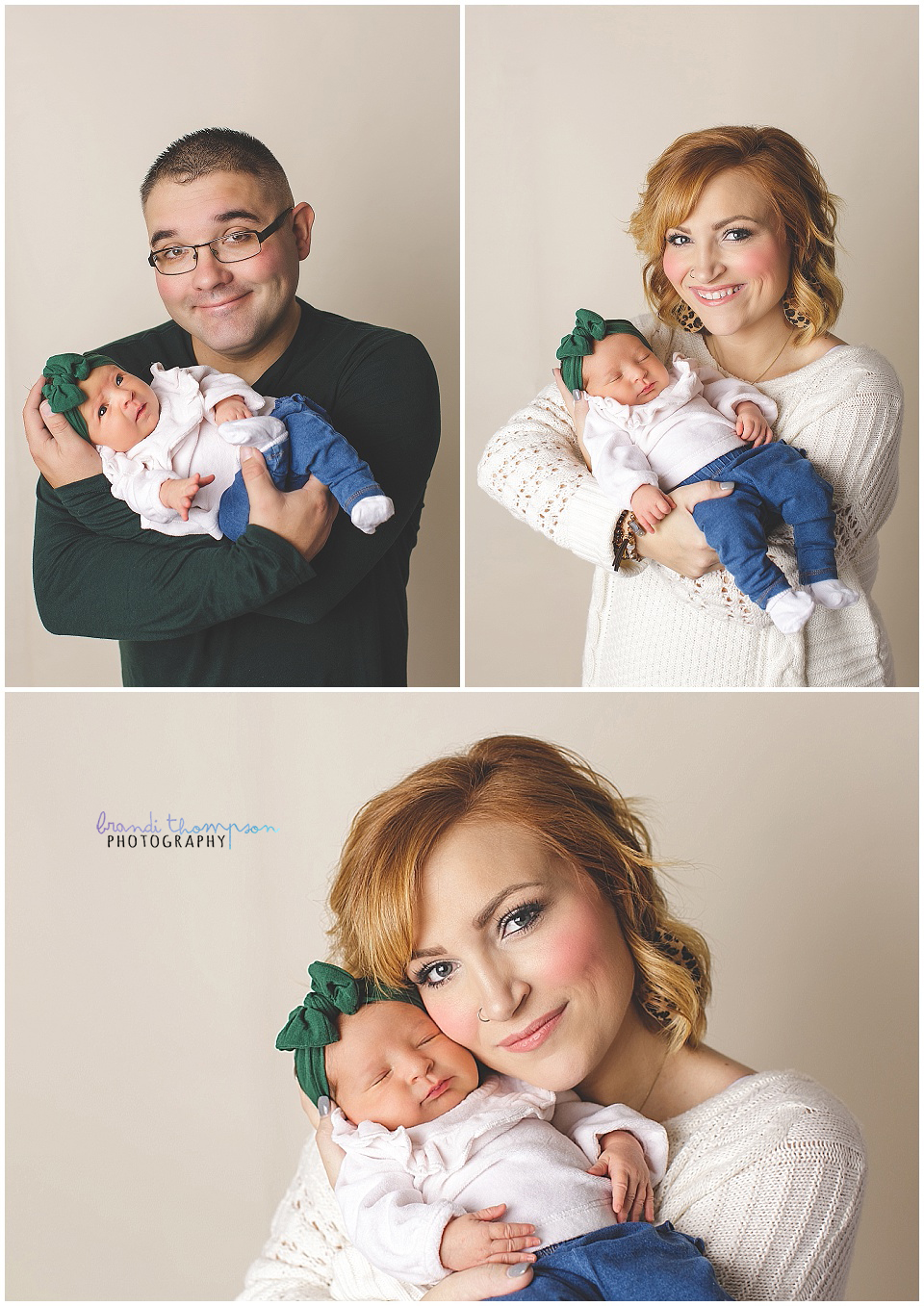 newborn baby girl with family in plano studio on beige background