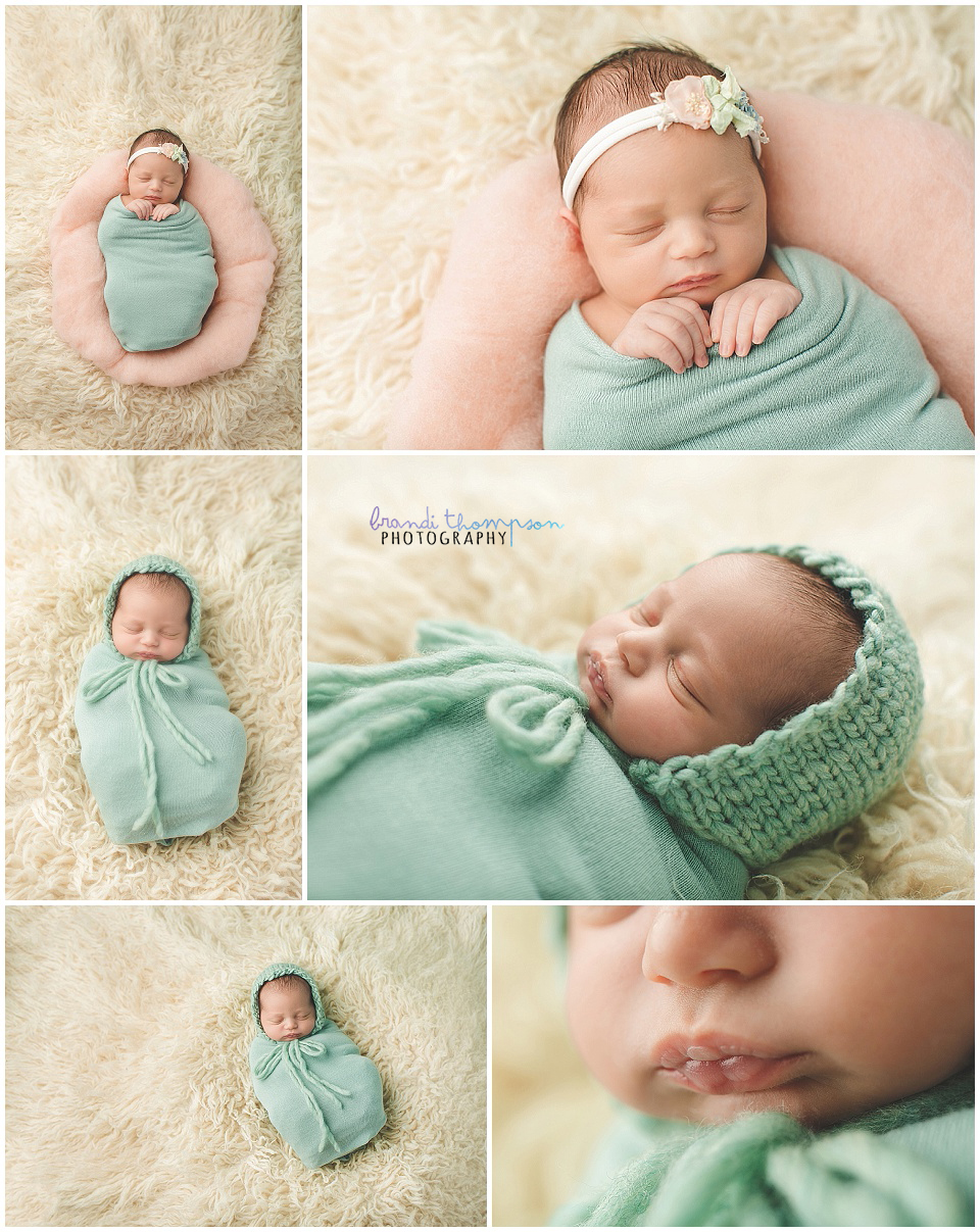 baby girl newborn photography session in plano, tx studio with mint, teal and coral colors