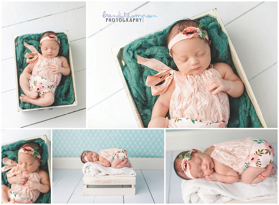 baby girl newborn photography session in plano, tx studio with mint, teal and coral colors