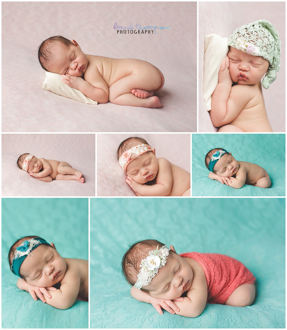 baby girl newborn photography session in plano, tx studio with mint, teal and coral colors