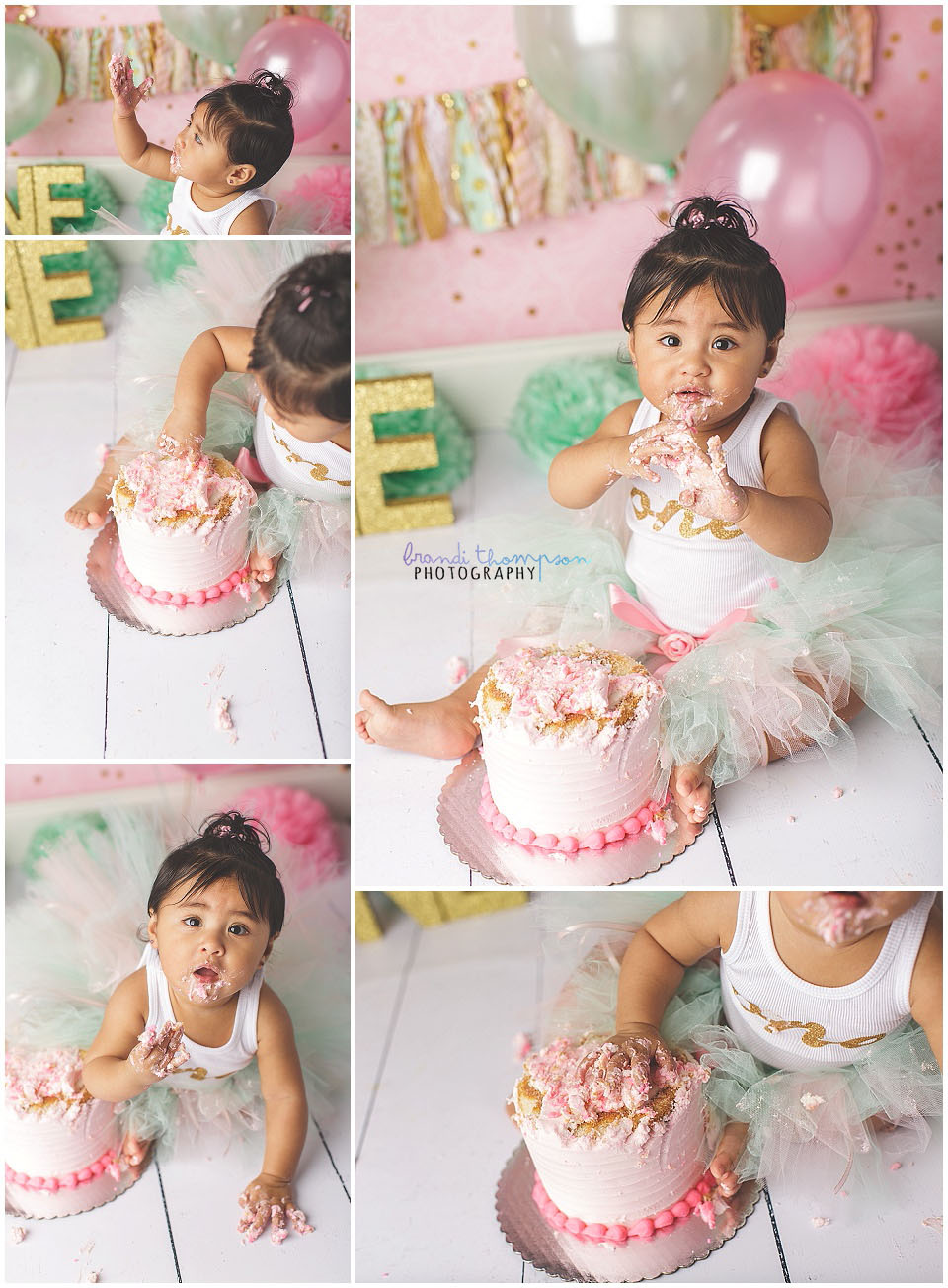 pink, mint and gold cake smash in plano, tx studio