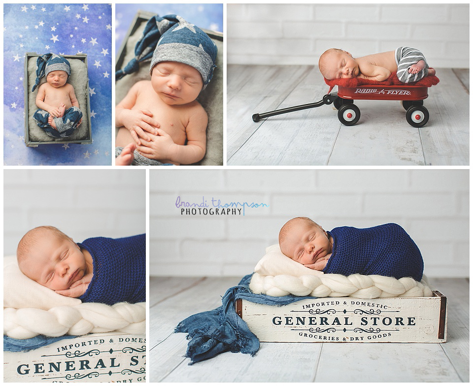 newborn baby boy posed in baskets, red wagon and box in plano,tx studio