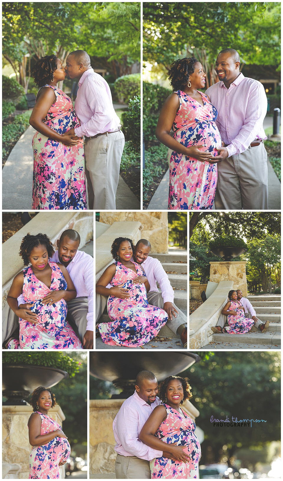 outdoor plano maternity session with couple in pink