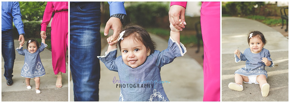 outdoor family photos with a one year old baby girl at shops at legacy in plano, tx