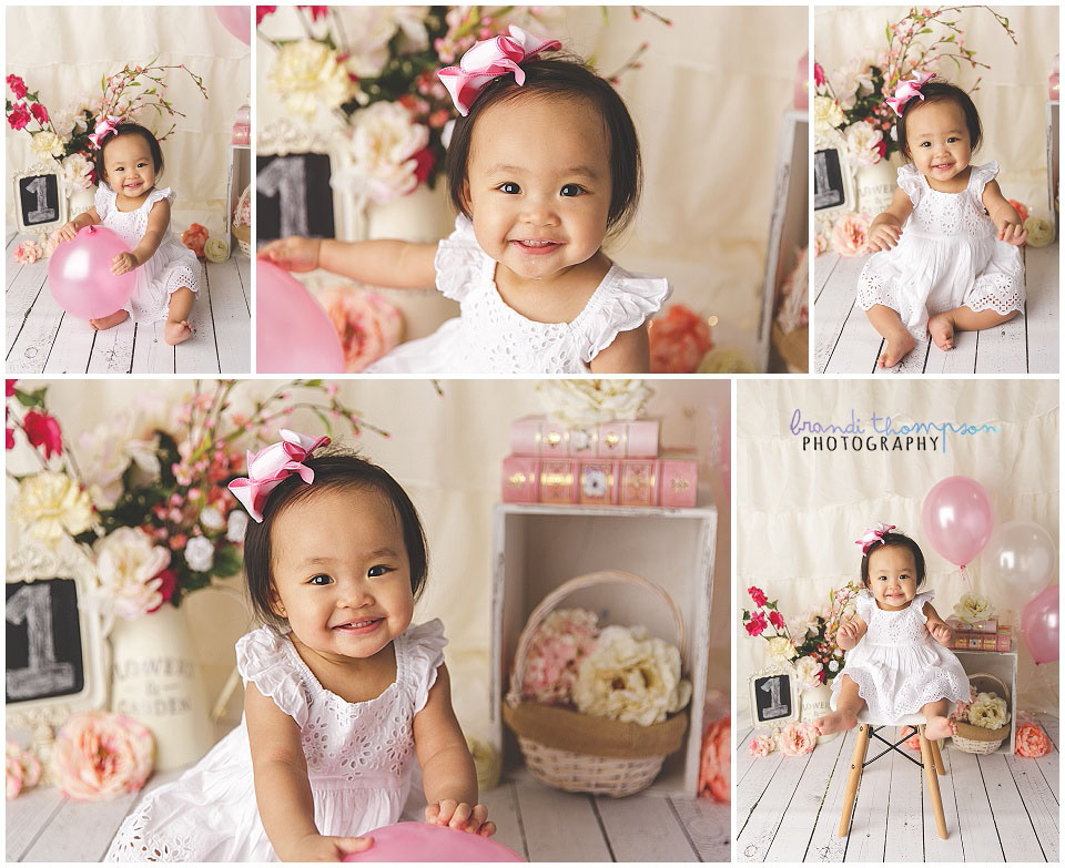 cream and pink garden boho cake smash theme with flowers and Asian baby girl in plano photography studio