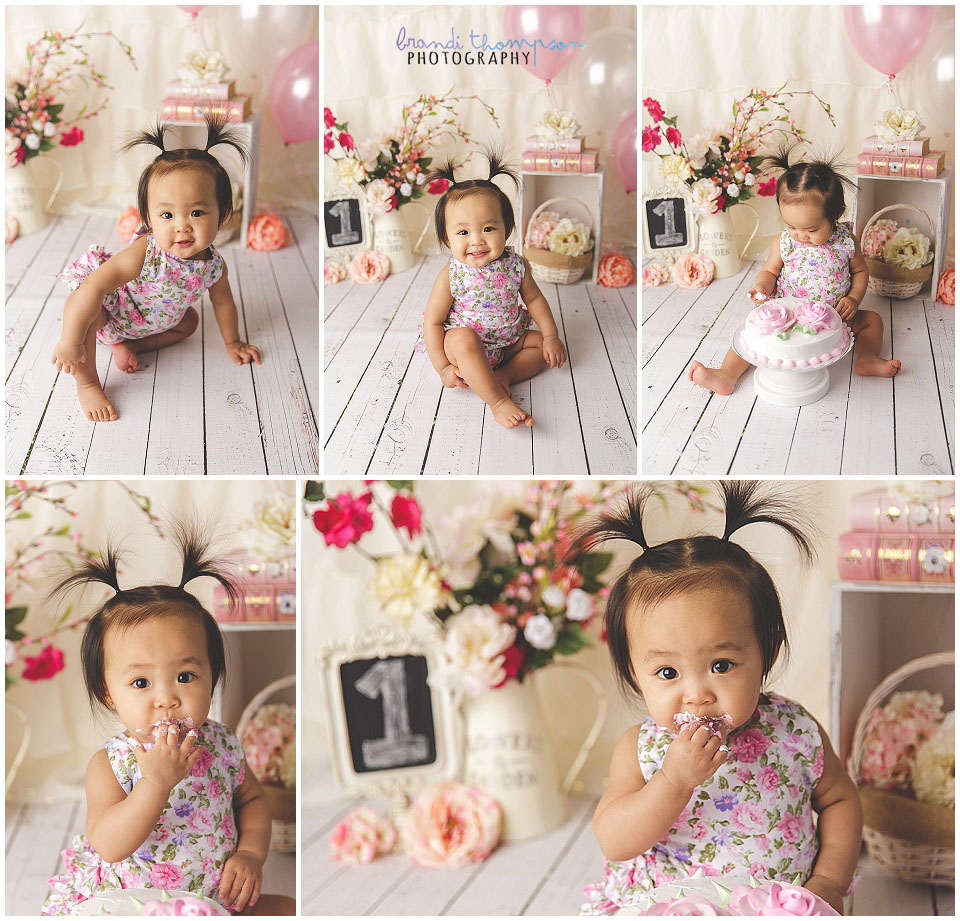 cream and pink garden boho cake smash theme with flowers and Asian baby girl in plano photography studio