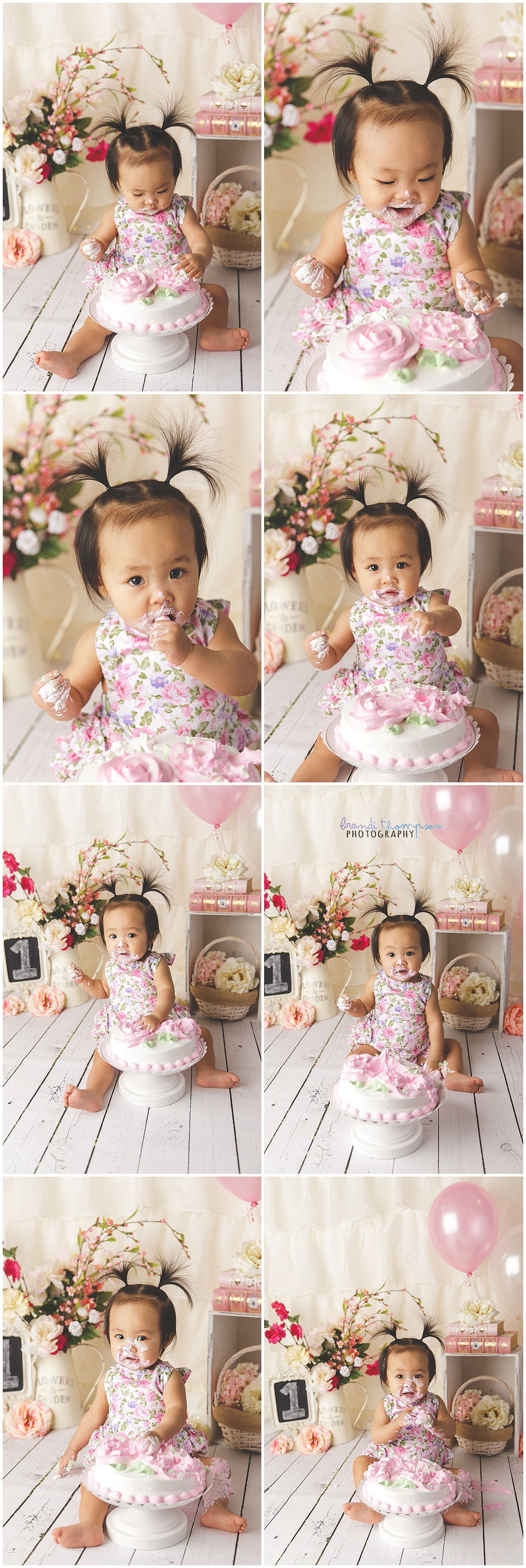 cream and pink garden boho cake smash theme with flowers and Asian baby girl in plano photography studio