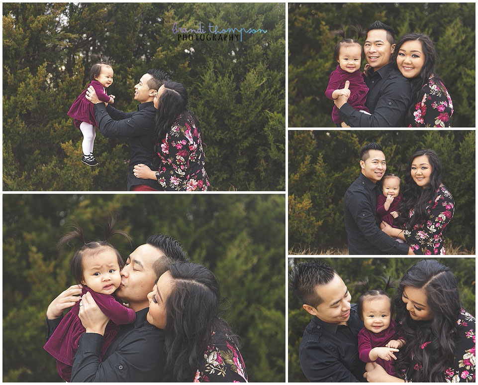 outdoor family photos with evergreen trees with Asian family with baby girl in plano, tx