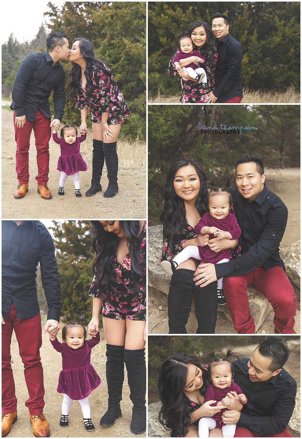 outdoor family photos with evergreen trees with Asian family with baby girl in plano, tx