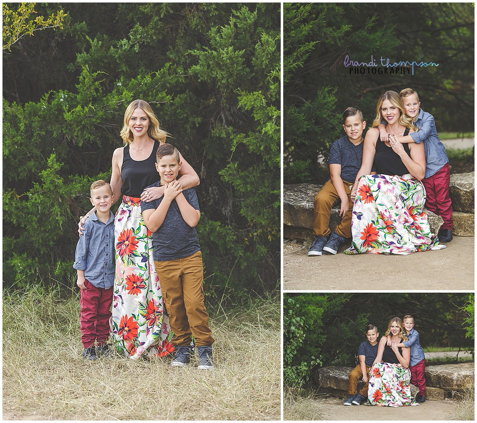 outdoor fall family session in Plano, tx at Arbor Hills Nature preserve, with mother and two sons